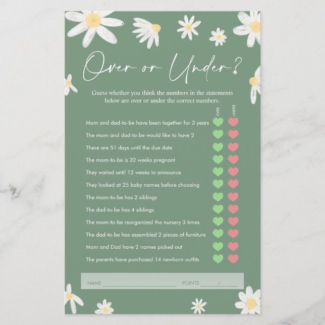 Over or Under Game, Sage Green Baby Shower Game (Front)