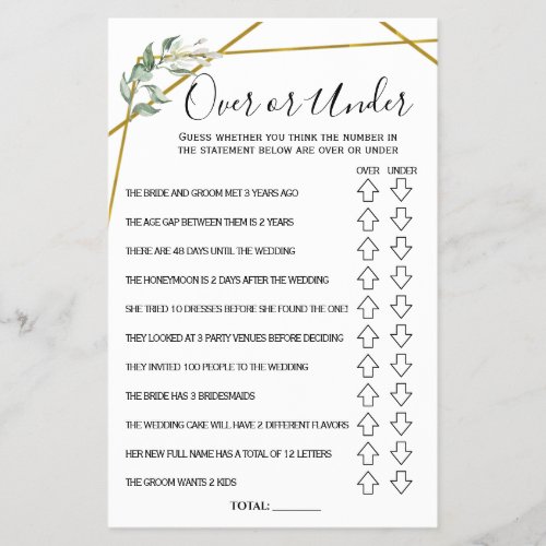 Over or Under Greenery Gold Bridal Shower Game Flyer