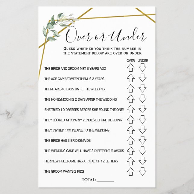 Over or Under Greenery Gold Bridal Shower Game Flyer (Front)