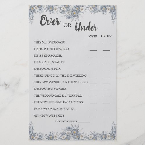 Over or Under Grey Floral Couples Shower Game Card Flyer