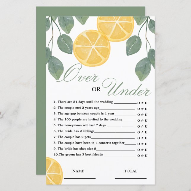 Over or Under Lemon Bridal Shower Game (Front/Back)
