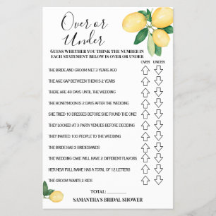 Over or Under Lemons Bridal Shower Game Card Flyer