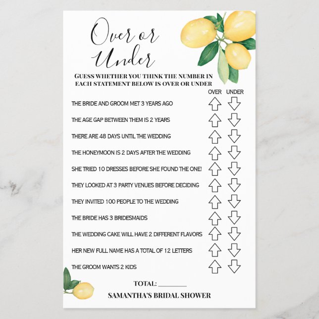 Over or Under Lemons Bridal Shower Game Card Flyer (Front)