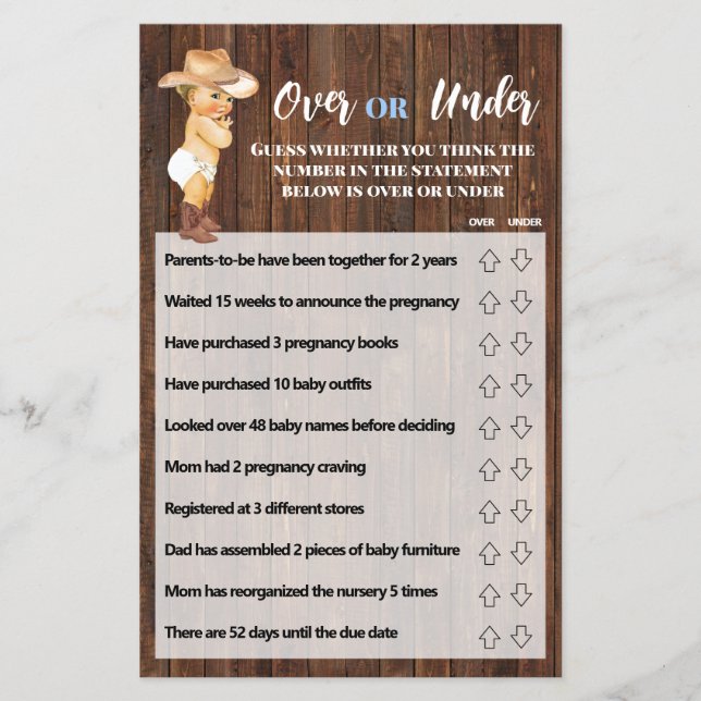Over or Under Little Cowboy Baby Shower Game Card Flyer (Front)