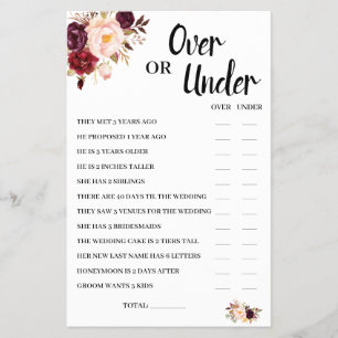 Over or Under Marsala Bridal Shower Game Card Flyer