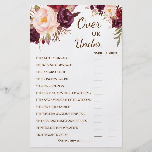 Over or Under Marsala Couples Shower Game Card Flyer