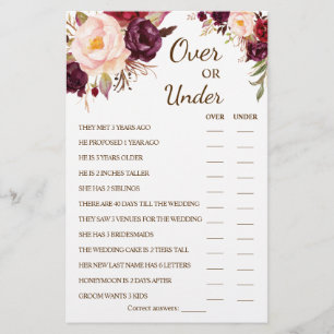Over or Under Marsala Couples Shower Game Card Flyer