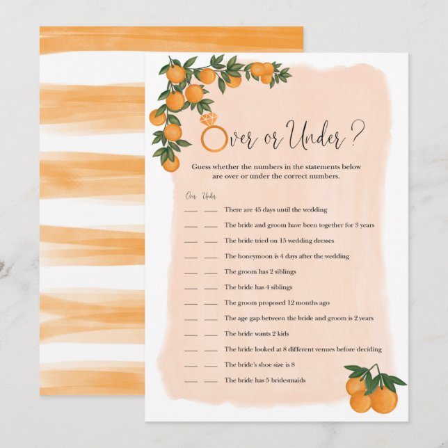 Over or Under Orange Citrus Bridal Shower Game (Front/Back)