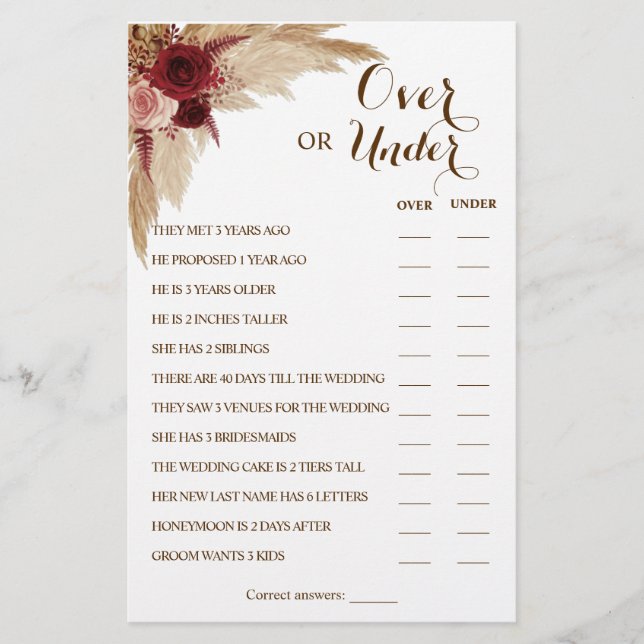 Over or Under Pampas Couples Shower Game Card Flyer (Front)