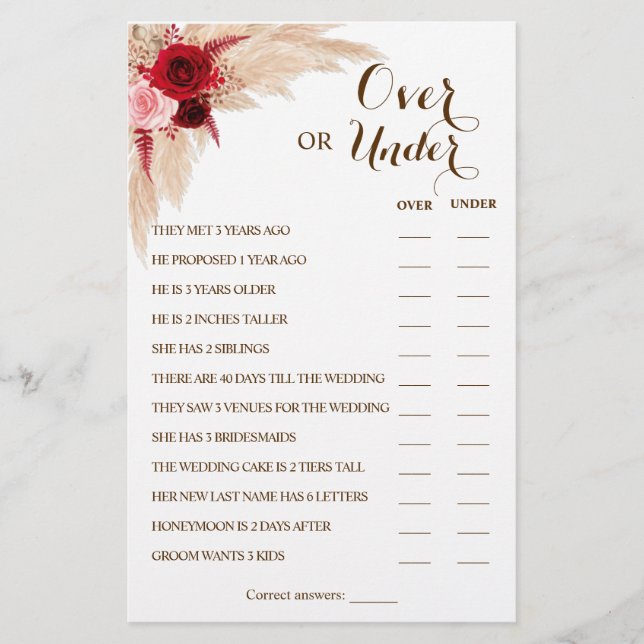 Over or Under Pampas Couples Shower Game Card Flyer (Front)