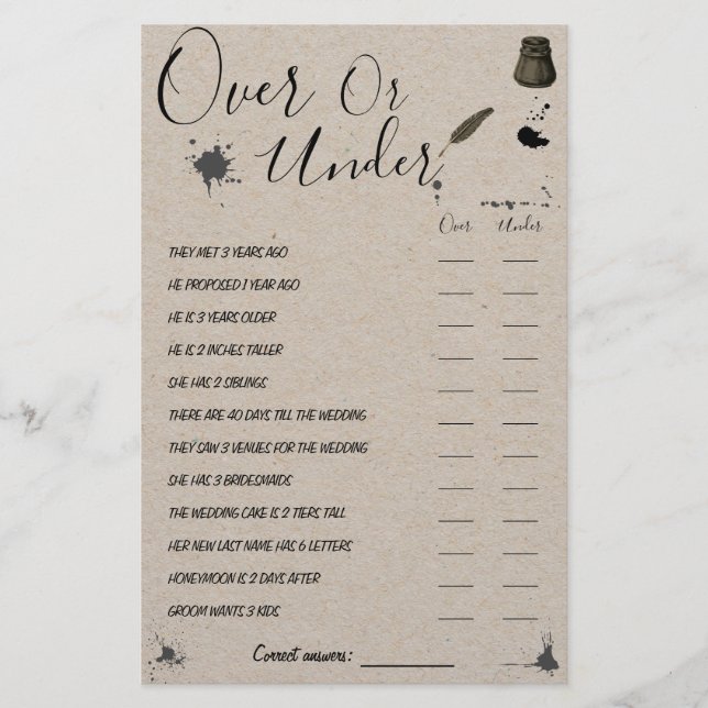 Over or Under | Pen & Inkwell Shower Game Card Flyer (Front)