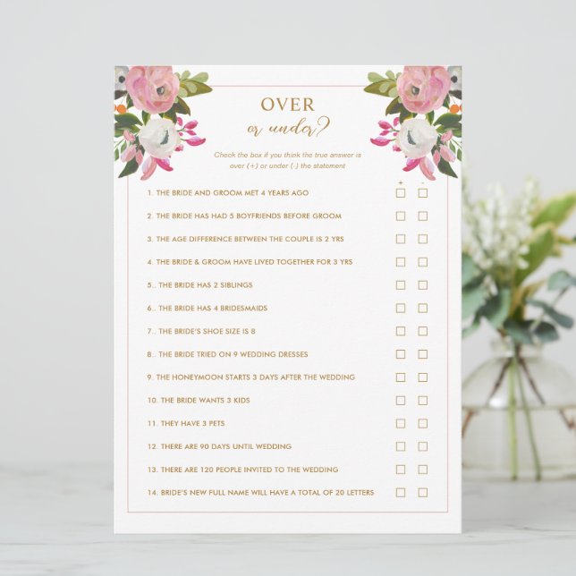 Over or Under Pink Bridal Shower Game  Invitation (Standing Front)
