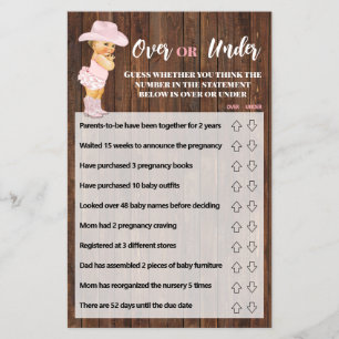 Over or Under Pink Cowgirl Baby Shower Game Card Flyer