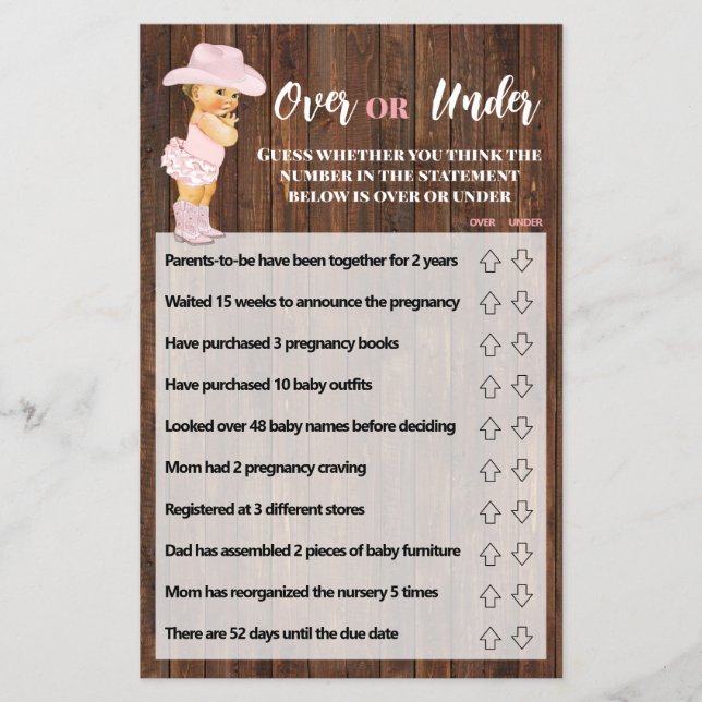Over or Under Pink Cowgirl Baby Shower Game Card Flyer (Front)