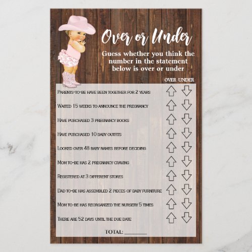 Over or Under Pink Cowgirl Baby Shower Game Card Flyer