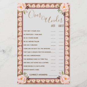 Over or Under Pink Floral Couples Shower Game Card Flyer