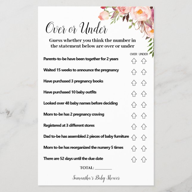 Over or Under Pink Flowers Baby Shower Game Card Flyer (Front)