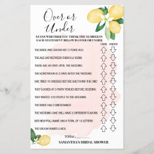 Over or Under Pink Lemons Bridal Shower Game Card Flyer
