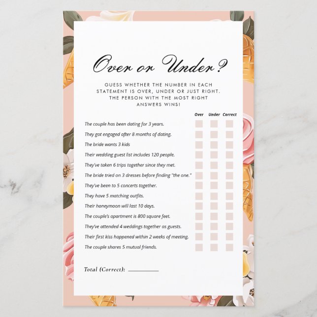 Over or Under Scooped Up Bridal Shower Game (Front)