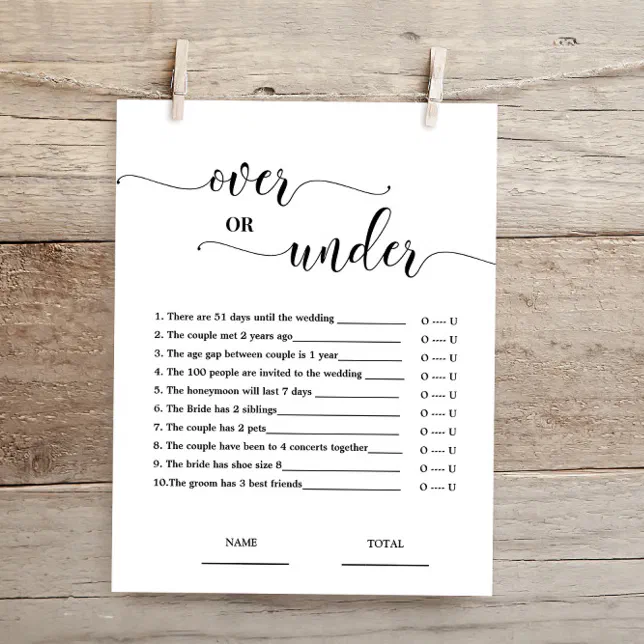 Over or Under Simple Bridal Shower Game | Zazzle