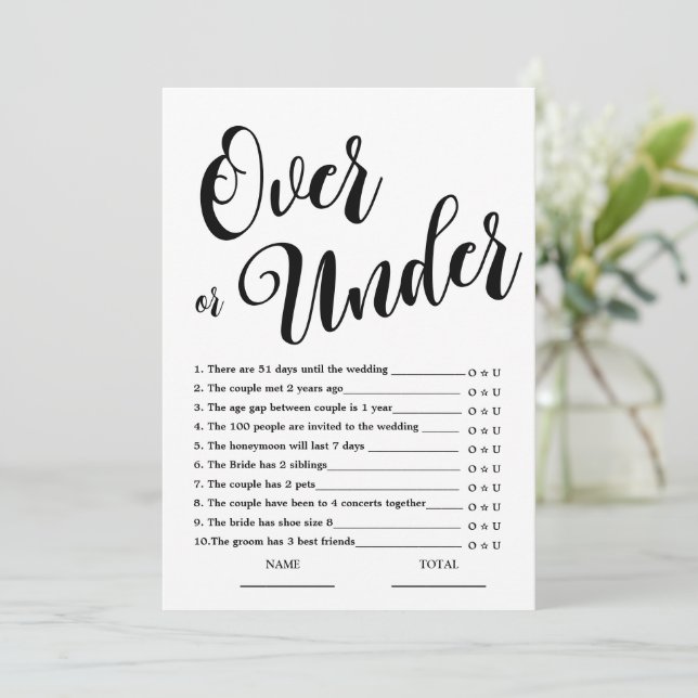 Over or Under Simple Bridal Shower Game Card (Standing Front)