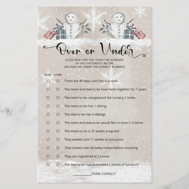 Over or Under Snowman Baby Shower  (Front)