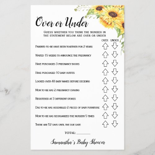 Over or Under Sunflowers Baby Shower Game Card Flyer