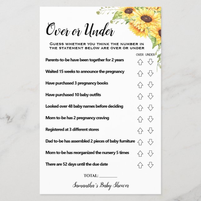 Over or Under Sunflowers Baby Shower Game Card Flyer (Front)