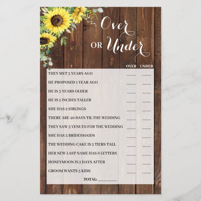Over or Under Sunflowers Bridal Shower Game Card Flyer (Front)