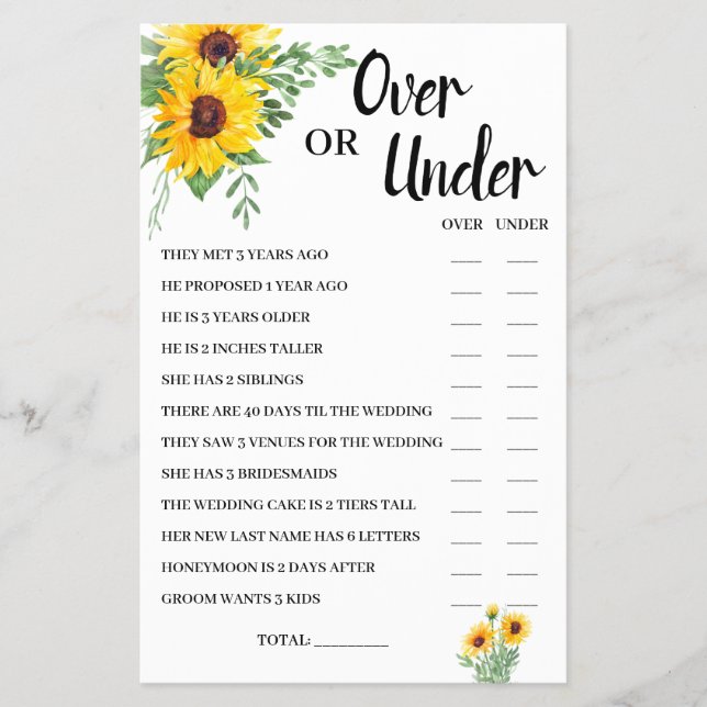 Over or Under Sunflowers Bridal Shower Game Card Flyer (Front)