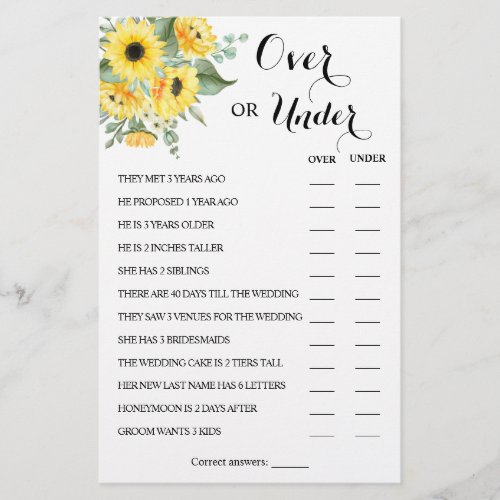 Over or Under Sunflowers Couples Shower Game Card Flyer