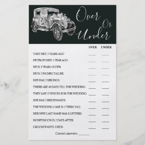 Over or Under Wedding Car Couples Shower Game Card Flyer