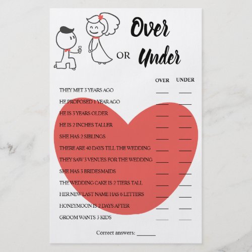 Over or Under Wedding Couple Shower Game Card Flyer