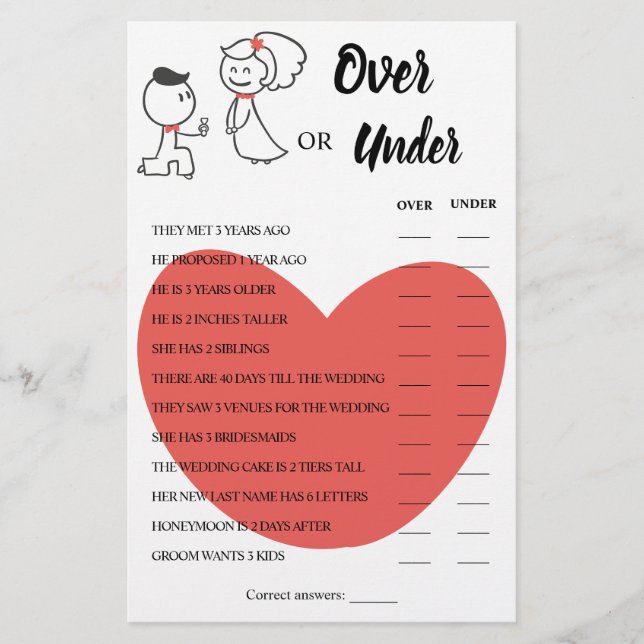 Over or Under Wedding Couple Shower Game Card Flyer (Front)