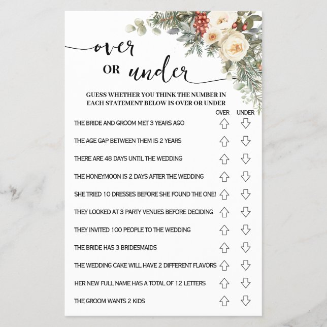 Over or Under Winter Bridal Shower Game Card Flyer (Front)