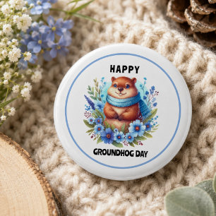 Over Rated? Watercolor Celebrating Groundhog Day Button