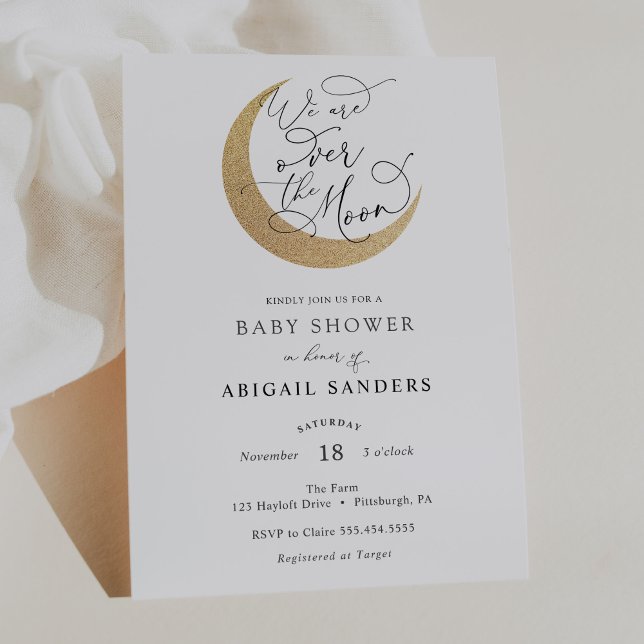 Over the Gold Glittery Moon Baby Shower Invitation