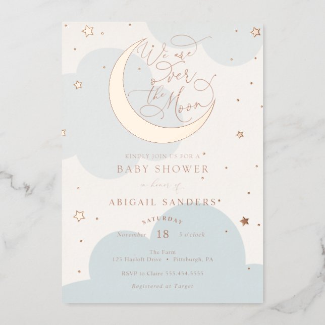 Over the Gold Moon Blue Baby Shower Foil Invitation (Front)