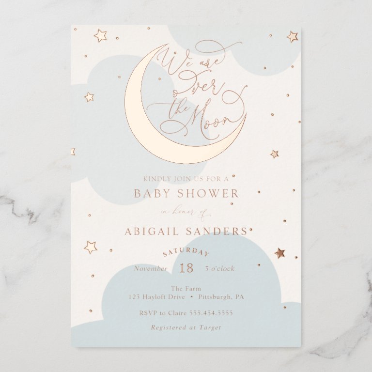 Over the Gold Moon Blue Baby Shower Foil Invitation