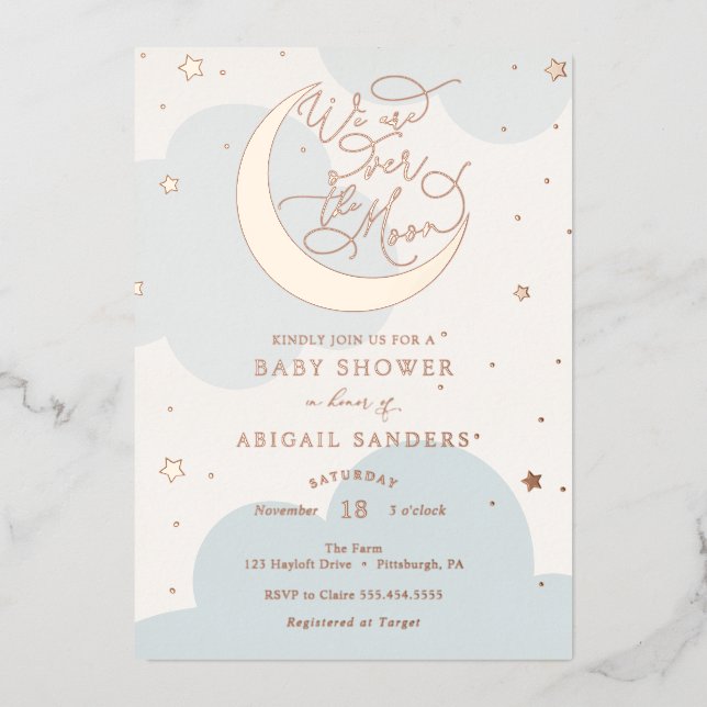 Over the Gold Moon Blue Baby Shower Foil Invitation (Front)