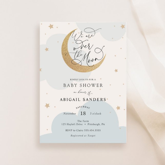 Over the Gold Moon Blue Baby Shower invitation