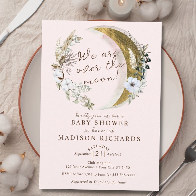 Over The Gold Moon Dreamy Boho Pink Baby Shower Invitation
