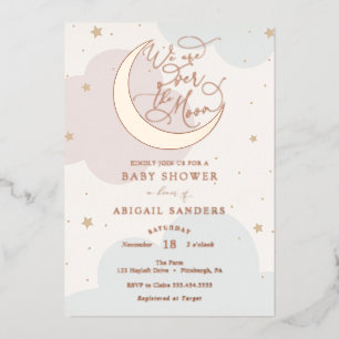 Over the Gold Moon Pink and Blue Baby Shower Foil Invitation