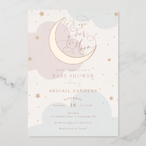 Over the Gold Moon Pink and Blue Baby Shower Foil Invitation
