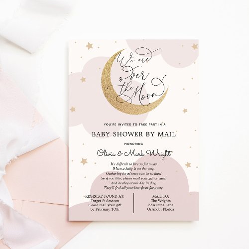 Over the Gold Moon Pink Baby Shower By Mail Invitation