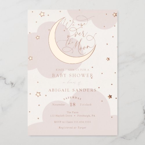 Over the Gold Moon Pink Baby Shower Foil Invitation