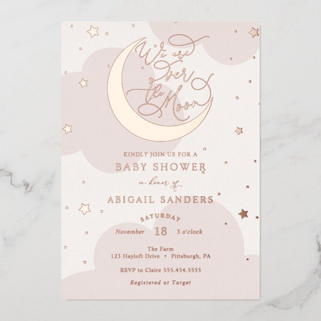 Over the Gold Moon Pink Baby Shower Foil Invitation (Front)