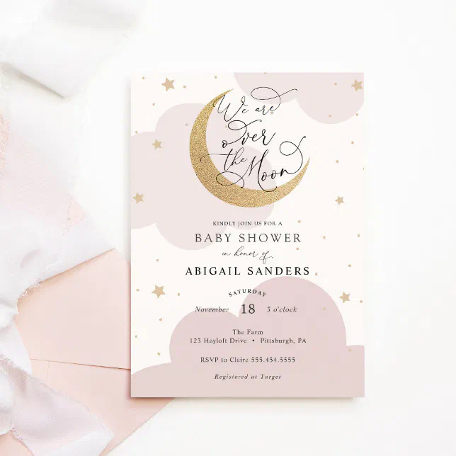 Over the Gold Moon Pink Baby Shower Invitation | Zazzle