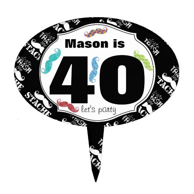 Over the Hill 40th birthday Mustache Hipster Cake Topper (Front)