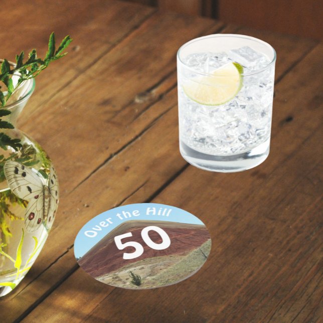 Over the Hill 50th Birthday Milestone Round Paper Coaster (In Situ Table)